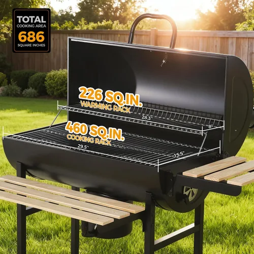 Miniatura 2 de MASTER COOK Parrilla de carbón de barril con estante frontal plegable de madera, 686 pies cuadrados área de cocina al aire libre, termómetro