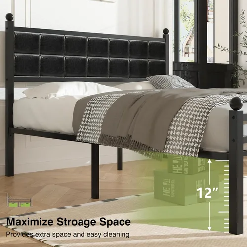 Miniatura 5 de VECELO Base de cama matrimonial, cama tapizada con cabecera de piel sintética, soporte de listones de metal fuerte, sin ruido, no necesita somier