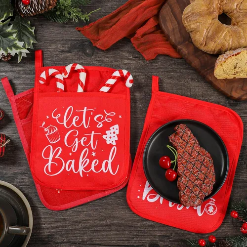 Miniatura 5 de Yaomiao 10 Piezas soportes para ollas de Navidad con bolsillo para ollas, almohadillas calientes de regalo, guantes de horno resistentes al calor