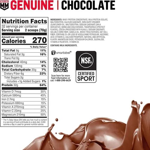 Miniatura 2 de Pó de Proteína Genuína Muscle Milk, Chocolate, 4.94 Libras, 32 Porciones, 32g de Proteína, 2g de Azúcar, Calcio, Vitaminas A, C y D, Certificado NSF