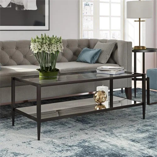 Miniatura 6 de Mesa de centro rectangular moderna en negro y bronce con estante de espejo