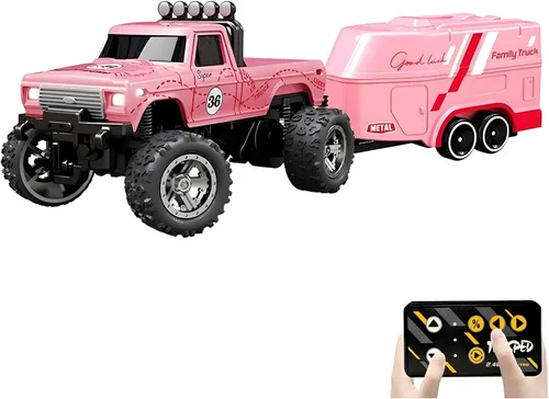 Atlodas Mini Camión RC, Mini Camión Monstruo RC, Camión Monstruo de Control Remoto de Escala 1:64 con Luces, Control Remoto de 2.4Ghz, Camión de Rosa