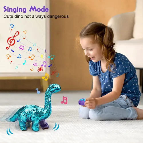 Miniatura 5 de Koonie Juguetes de dinosaurio para niñas, juguetes para niñas de 2 años, dinosaurio morado, control remoto, reversible, con lentejuelas, juguete