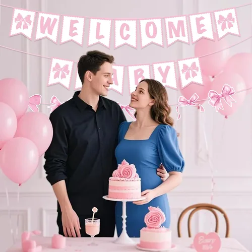 Miniatura 4 de Decoraciones de baby shower, 3 piezas de letrero de bienvenida para bebé, carteles con temática de lazos rosados, suministros para fiesta