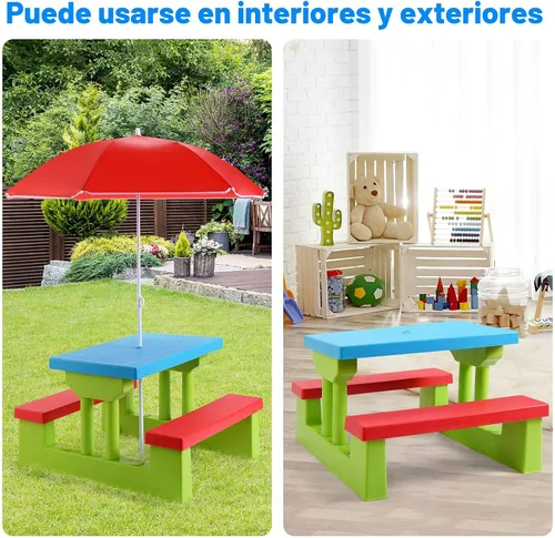 Miniatura 9 de Costzon Mesa de picnic para niños, mesa y banco para interiores y exteriores con paraguas extraíble, mesa de picnic portátil para niños pequeños