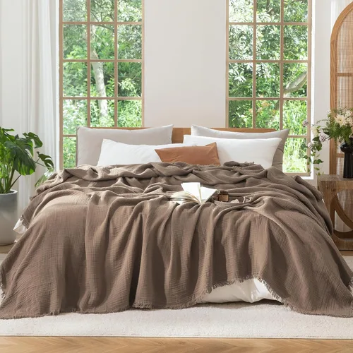 Miniatura 24 de MooMee - Manta de muselina 100% algodón, manta de 4 capas de gasa con borlas, ultra suave, transpirable, ligera y refrescante para cama y sofá Verde