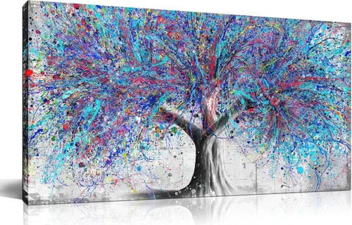 GUGIKA Arte de pared de árbol para sala de estar, lienzo de acuarela azul para decoración de pared en el dormitorio, pintura de grafiti de Banksy,