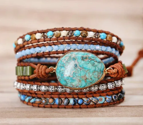 Miniatura 4 de ZOSOJONA - Pulseras bohemias hechas a mano de piedra natural, que dan vuelta, con cuentas de cristal de turquesa