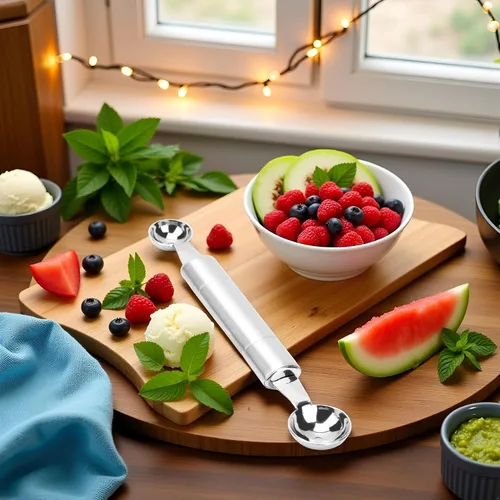 Miniatura 2 de Cuchara de bola de helado de doble punta plateada para frutas y verduras, cuchara de melón Baller, herramientas de frutas y verduras, cuchara