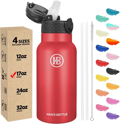 Miniatura 35 de Han's Bottle - Botella de agua para niños con tapa con pajilla - Vaso reutilizable de acero inoxidable aislado para niñas, niños, taza termo, 17