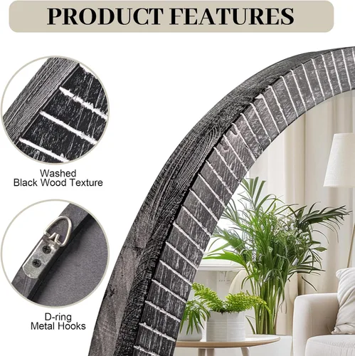 Miniatura 4 de Espejo redondo de madera de 35 pulgadas, espejo de pared circular rústico con biselado, espejos redondos de madera para decoración de pared, espejos