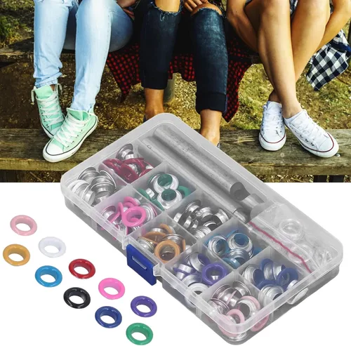 Miniatura 2 de Kit de ojales multicolor de 0.394 pulgadas (0.394 in), juego de ojales de metal, ojales y ojales con herramienta de instalación para zapatos