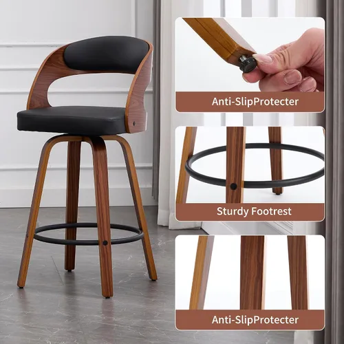 Miniatura 3 de VipDesk Taburetes de bar giratorios, Taburetes de bar de altura de mostrador de nogal con respaldo y brazos, Taburetes de bar tapizados modernos