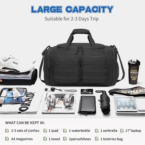 Miniatura 8 de Wotony Bolsa de lona táctica para hombres, bolsa de lona para gimnasio, viajes, entrenamiento militar de fin de semana, bolsa Molle, Negro, 35 l