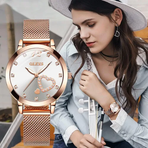 Miniatura 2 de OLEVS Relojes de oro rosa para mujer movimiento de cuarzo japonés con diamantes de corazón para niñas reloj de pulsera con correa de malla