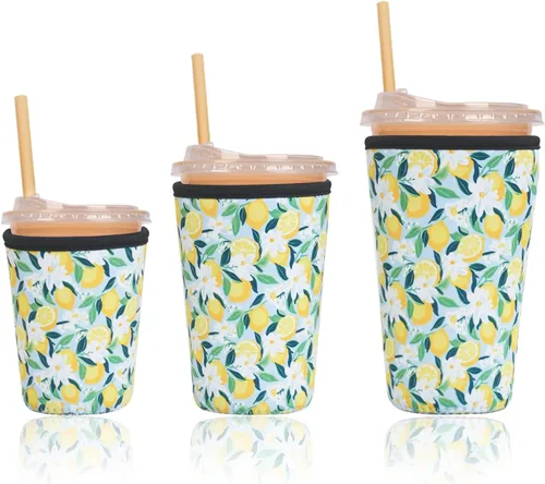 Miniatura 40 de Funda aislante reutilizable para taza de café helado, paquete de 3 fundas de neopreno para bebidas frías y calientes, soporte para bebidas para café