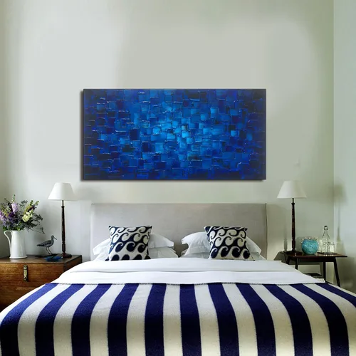 Miniatura 9 de MyArton Arte de pared de lienzo texturizado, cuadrados abstractos, pintado a mano, pintura al óleo moderna de color azul oscuro, imagen