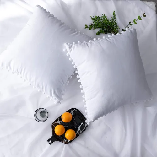 Miniatura 12 de Juego de 2 fundas para cojines decorativos de terciopelo sólido suave con borde de pompones