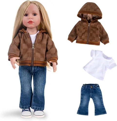 Rakki Dolli Conjunto de ropa de muñeca de 3 piezas, abrigo marrón, jeans azules y camiseta blanca para muñeca de bebé (sin muñeca y zapatos)