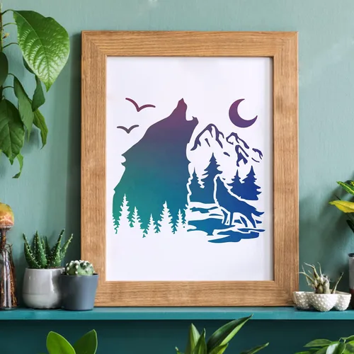 Miniatura 5 de FINGERINSPIRE Plantillas de decoración de lobo de 11.8 x 11.8 pulgadas, plantillas de plástico para dibujar y pintar con la luna del bosque