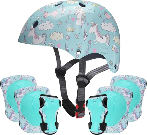 Miniatura 8 de Casco para niños con rodilleras, coderas y protectores de muñeca, equipo de protección para niños de 3 a 5-8 años para niños y niñas, apto para Rosa