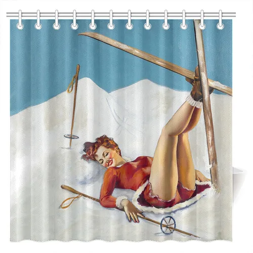 Miniatura 13 de FUNNY KIDS' HOME Cortinas de ducha retro con pin up para baño, pintura al óleo, arte de lienzo, decoración de baño, sexy dama bañándose