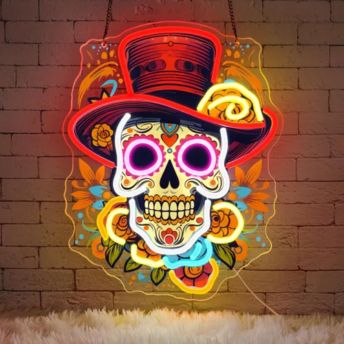 Miniatura 8 de Letrero de neón del Día de los Muertos, luz de neón LED de calavera de azúcar mexicana para decoración del hogar y bar, arte impreso UV con tira LED