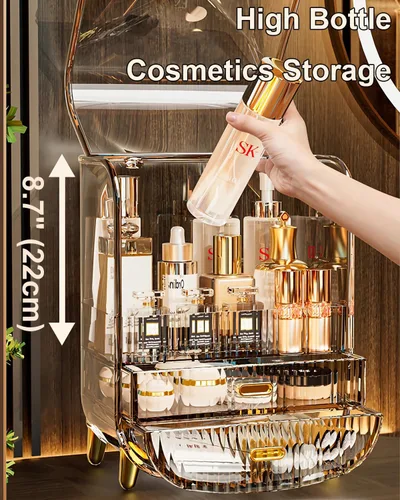 Miniatura 3 de Organizador de maquillaje, organizador de maquillaje de cosméticos de gran capacidad para tocador, a prueba de polvo, impermeable, vitrina