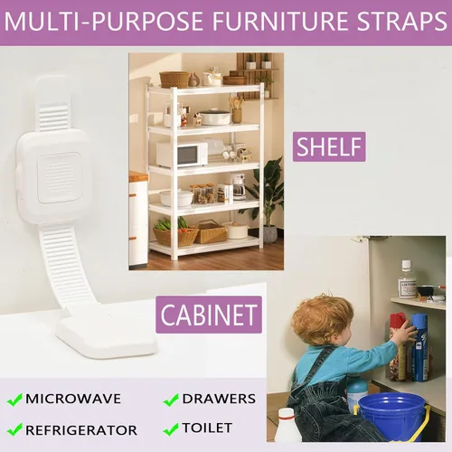 Miniatura 5 de Anclaje adhesivo mejorado para muebles sin taladro, correas ajustables para pared de muebles antipuntas para bebés y mascotas, paquete de 4