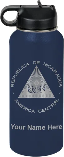 Miniatura 57 de LaserGram Botella de agua personalizada, bandera de Nicaragua, acero inoxidable de doble pared aislada al vacío con popote superior, regalo grabado
