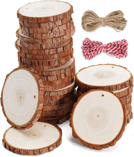 wohohoho 32 piezas de rodajas de madera natural de 3.6-4 pulgadas, kit de madera para manualidades sin terminar preperforado con agujero, círculos