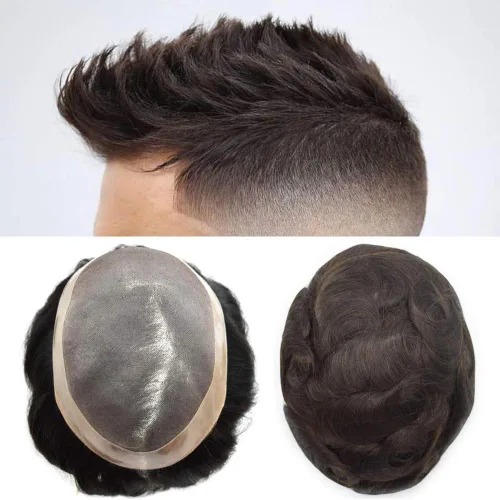 LYRICAL HAIR Toupee para hombres de aspecto natural de cabello humano fino mono encaje hombres reemplazo sistema de pelo PU polipiel alrededor de