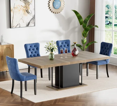 Miniatura 11 de Juego de mesa de comedor extensible de 5 piezas, juego de mesa de comedor extensible de estilo granja para 4, mesa de cocina expandible de madera