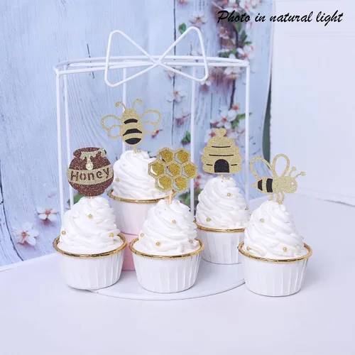 Miniatura 3 de Rsstarxi Paquete de 30 adornos para cupcakes de abejorros con purpurina dorada de panal de abeja, decoración de pasteles para revelación de género