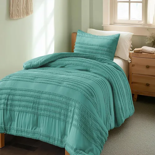 BEDELITE Juego de edredón bohemio Twin/Twin XL, juego de cama a rayas con mechones color aqua de 2 piezas, edredón suave estilo granja vintage para