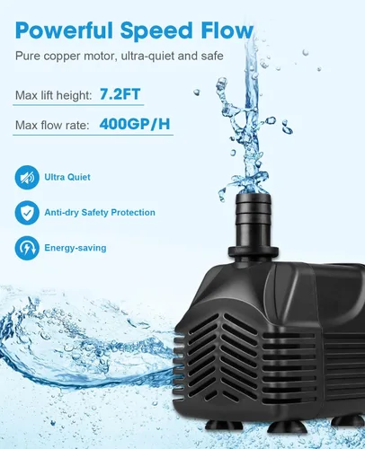 Miniatura 2 de Bomba silenciosa para tanque de peces para acuario, bomba de agua sumergible de 400 GPH con elevación de 7.2 pies de altura, bomba de fuente
