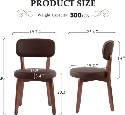 Miniatura 2 de Furniliving Juego de 4 sillas de comedor de madera de roble, sillas de cocina tapizadas de cuero moderno de mediados de siglo con madera maciza