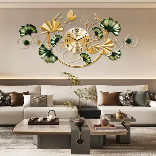 Reloj de pared grande, reloj de pared decorativo de hoja de ginkgo único, decoración de pared de flor de metal dorado de lujo, reloj silencioso de