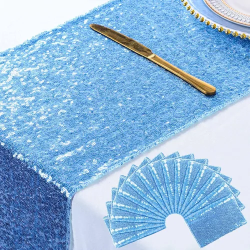 Miniatura 17 de ShinyBeauty Camino de mesa de lentejuelas de 12 x 108 pulgadas, color azul bebé, camino de mesa de lentejuelas con purpurina para fiestas, cubierta