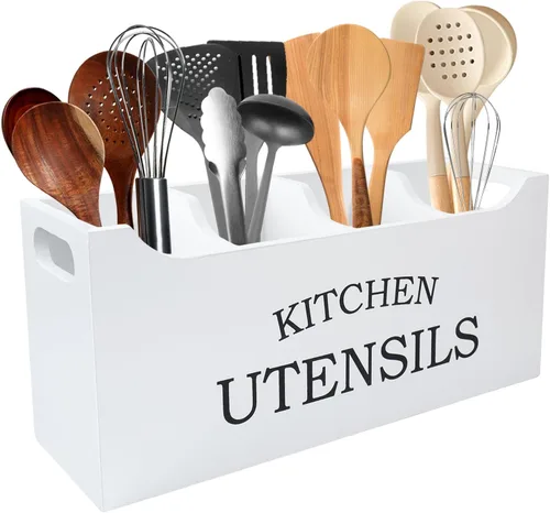 Miniatura 11 de Soporte para utensilios de cocina de madera, extra grande, 4 compartimentos, con parte inferior de drenaje para encimera, organizador