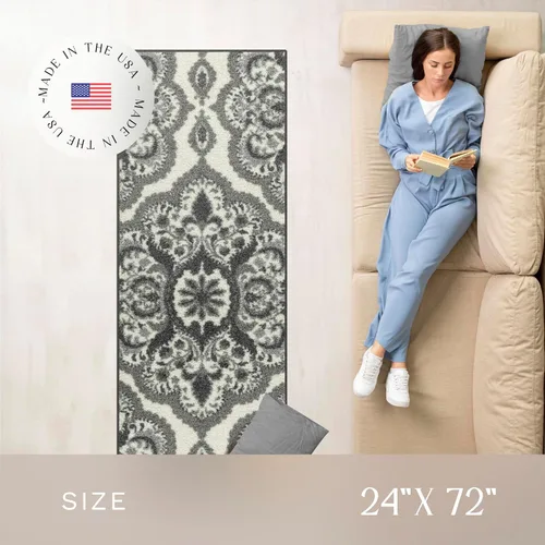 Miniatura 3 de Maples Rugs - Alfombra antideslizante Vivian, para pasillo o entrada, patrón de medallones [fabricada en Estados Unidos], 2 x 6 pies, color gris