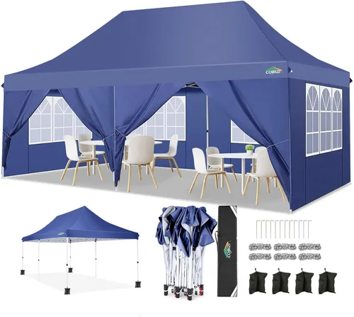 COBIZI Canopy Tienda de campaña desplegable de 10 x 20 pies con 6 paredes laterales, toldo comercial impermeable, glorieta instantánea para