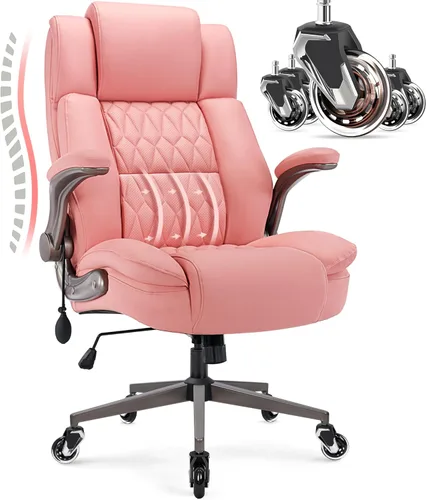 Miniatura 10 de Silla de oficina grande con respaldo alto, soporte lumbar ajustable, brazos abatibles, ruedas silenciosas resistentes, base de metal, cuero Caqui