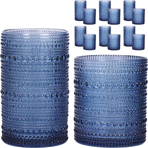 Miniatura 18 de Moretoes - Juego de vasos de beber Hobnail de 12, 12 onzas vasos altos y 10 onzas vasos de cóctel, vasos de vidrio con relieve estilo boho