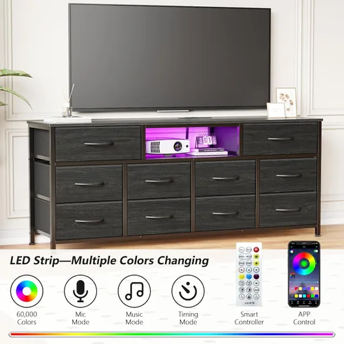 Miniatura 4 de Furnulem Cómoda de 55 pulgadas de largo para dormitorio, soporte de TV para TV de 55 a 65 pulgadas, cómoda negra con 10 cajones de tela, cajonera