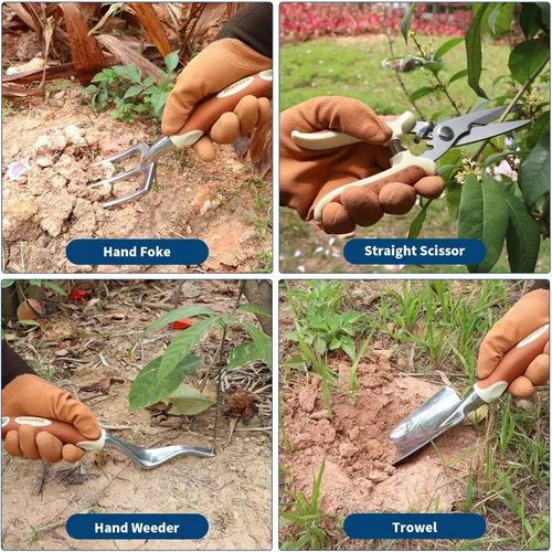 Miniatura 5 de Juego de herramientas de jardinería marrón de 12 piezas, kit de herramientas de mano de jardín con mango ergonómico antideslizante, bolsa