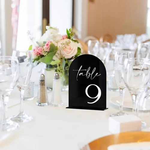 Miniatura 6 de Números de mesa de acrílico de arco negro con soportes 1-15, letrero acrílico arqueado negro de 5 x 7 pulgadas y base, números de mesa de arco