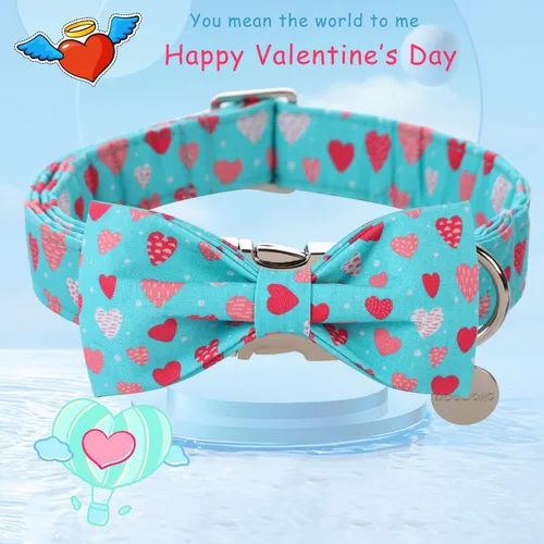 Miniatura 2 de DOGWONG Collar de perro de San Valentín con pajarita, corazón azul, perfecto para perros pequeños, medianos y grandes, patrón de corazón, pajarita