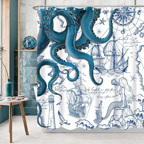 Miniatura 5 de Fungarth Cortina de ducha de pulpo náutico azul, sirena azul marino, divertida cortina de ducha estilo kraken del océano para baño, ancla fresca