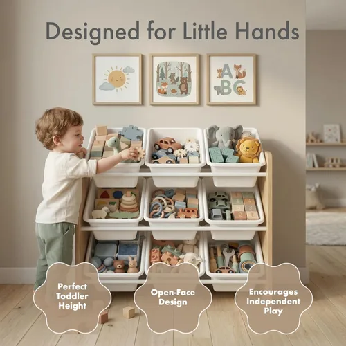Miniatura 3 de Humble Crew Organizador de juguetes de 9 compartimientos: madera natural Journey con contenedores de plástico blanco, solución de almacenamiento